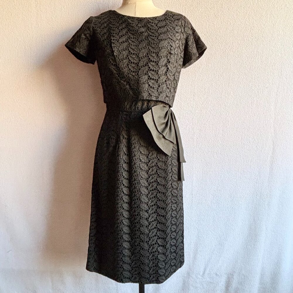 Vintage 1960s Black Eyelet Cotton Wiggle Dress Midcentury LBD